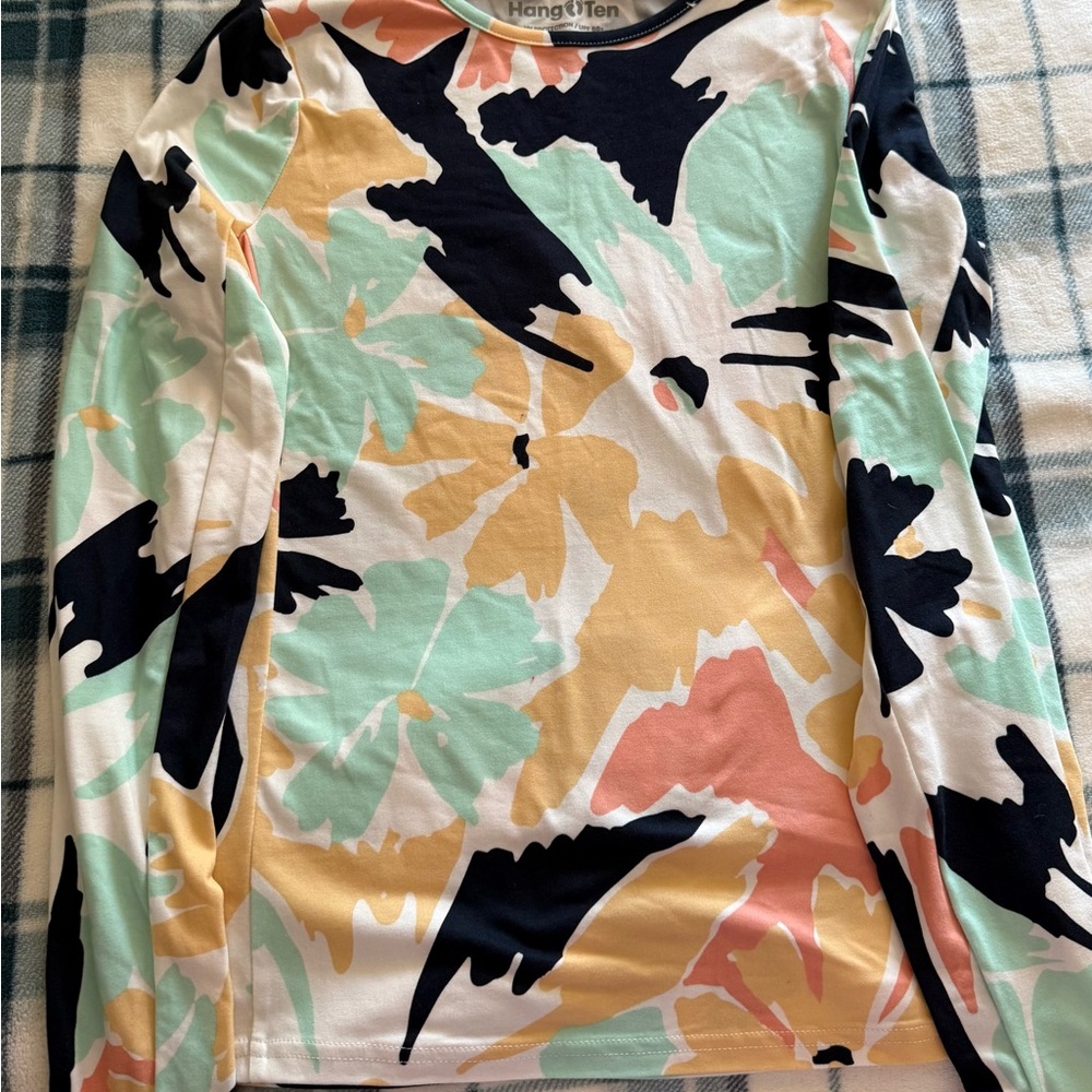 Hang Ten Women's Abstract Floral Long Sleeve Top - Black, Green, Peach